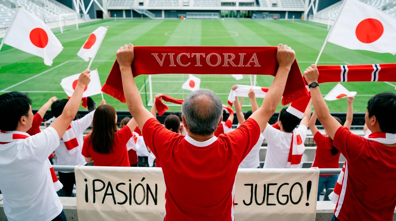 Aficionados japoneses animando en las gradas de un estadio de la J League durante un partido