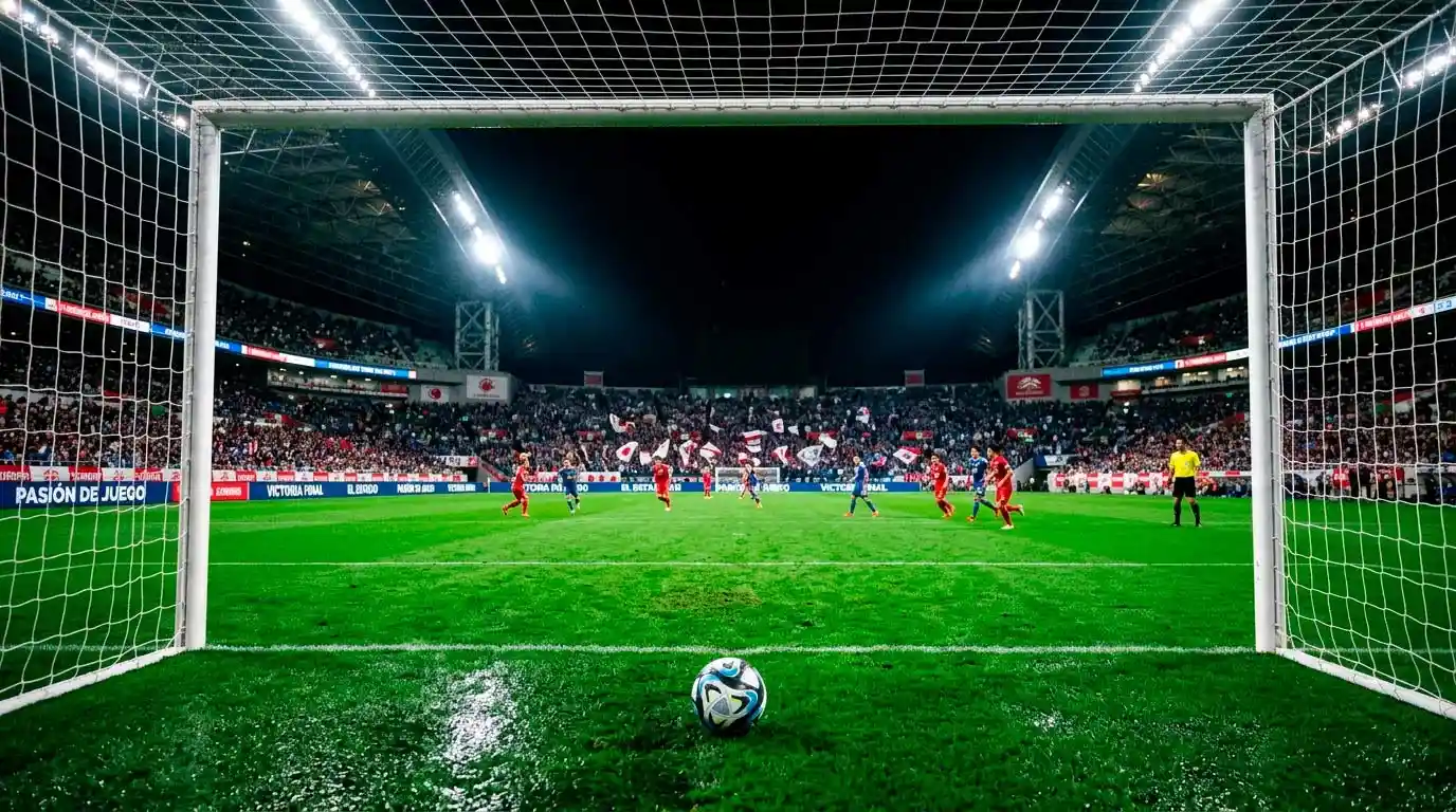 Estadio de fútbol japonés iluminado durante un partido nocturno de la J League con aficionados en las gradas